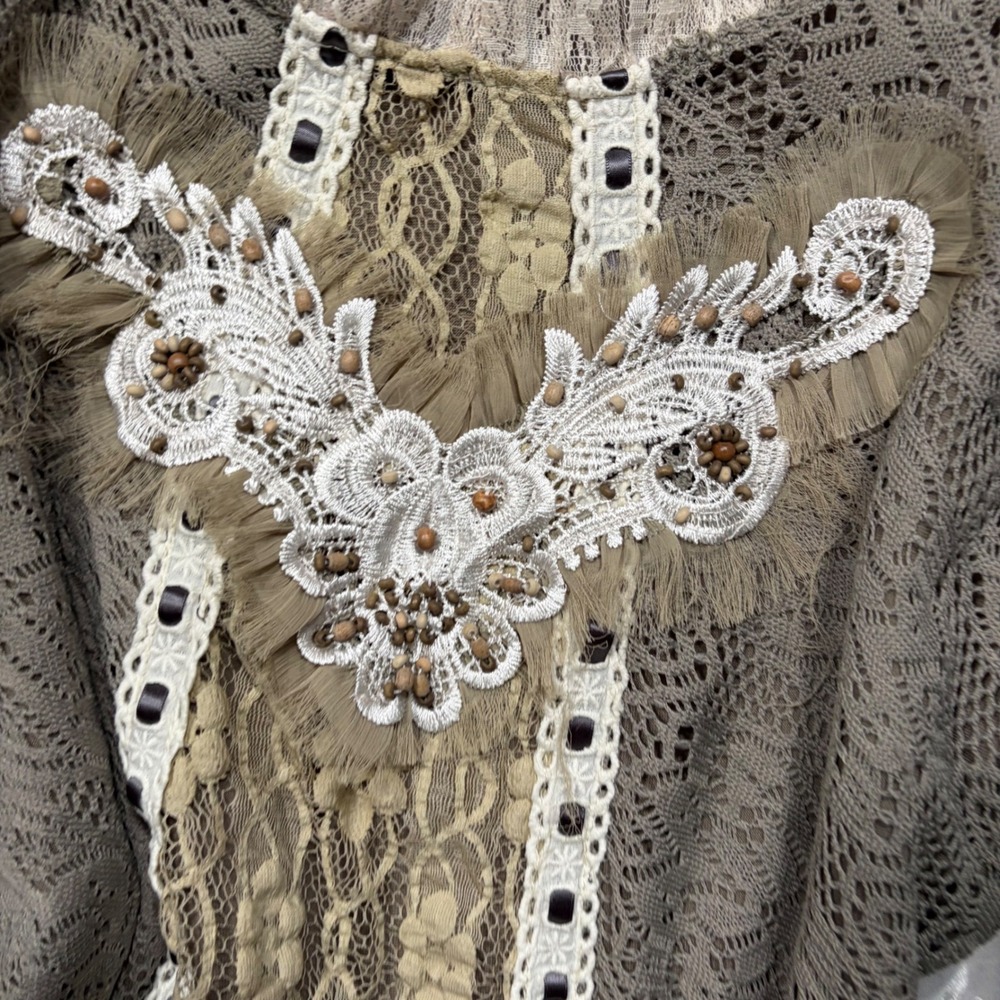 Y2K Pretty Angel Boho Lace Beaded Top Olive Taupe XL Linen Blend Cottagecore - Picture 2 of 7